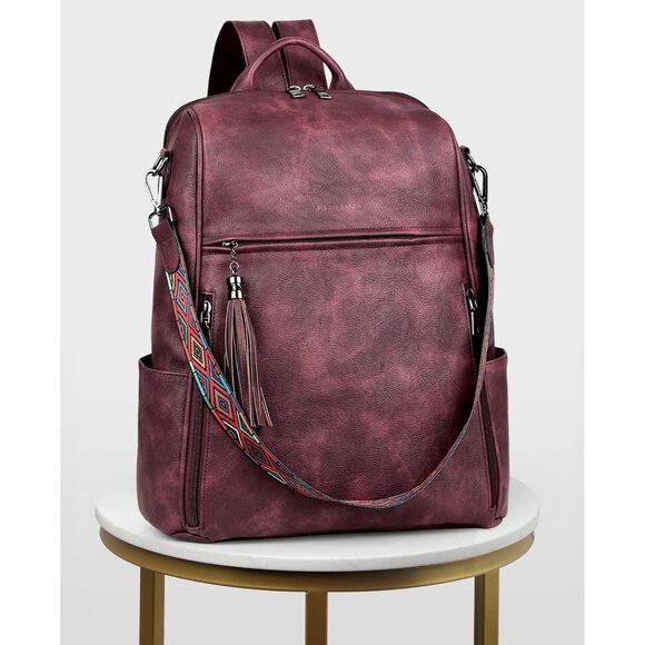 Women's Wine Red Retro Style Backpack Designer 15.6 inch PU Leather Laptop Bag - Picture 9 of 9